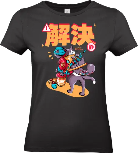 Streunerkatzen - Straßenkatze, Straßenkatzen, Cyberpunk-Katze, Kanji, Kawaii-Dystopie, Neo-Tokio-Katze, Ramen, sanftes Chaos, streunende Katzen, Stadtkatze - Standard T-Shirt (Women)