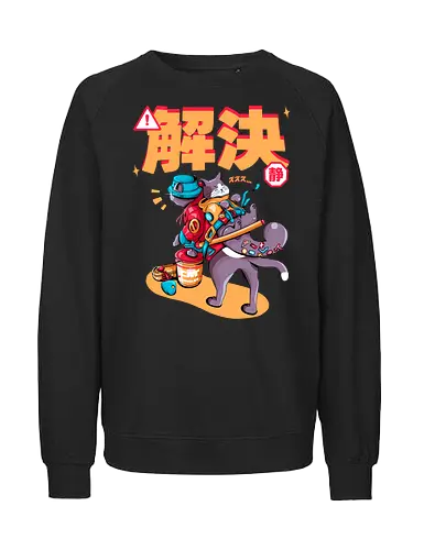Streunerkatzen - Straßenkatze, Straßenkatzen, Cyberpunk-Katze, Kanji, Kawaii-Dystopie, Neo-Tokio-Katze, Ramen, sanftes Chaos, streunende Katzen, Stadtkatze - Fairtrade Sweatshirt