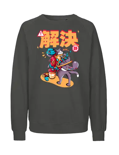 Streunerkatzen - Straßenkatze, Straßenkatzen, Cyberpunk-Katze, Kanji, Kawaii-Dystopie, Neo-Tokio-Katze, Ramen, sanftes Chaos, streunende Katzen, Stadtkatze - Fairtrade Sweatshirt