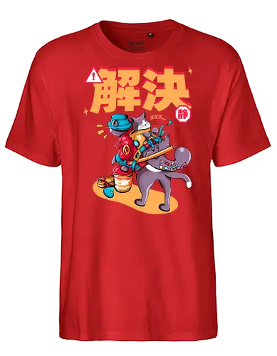 Streunerkatzen - Straßenkatze, Straßenkatzen, Cyberpunk-Katze, Kanji, Kawaii-Dystopie, Neo-Tokio-Katze, Ramen, sanftes Chaos, streunende Katzen, Stadtkatze - Fairtrade T-Shirt