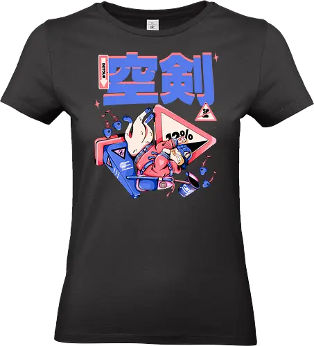 Katze im freien Fall - Ramen und Bedauern, Trashcore, Cyberpunk-Katze bunt, Katzenabstammung, freier Fall, lustiger Katzencartoon, Katana-Katze, Kawaii-Dystopie, Neo Tokyo, lila - Standard T-Shirt (Women)