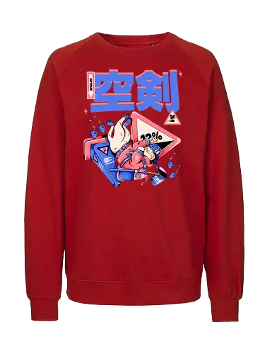 Katze im freien Fall - Ramen und Bedauern, Trashcore, Cyberpunk-Katze bunt, Katzenabstammung, freier Fall, lustiger Katzencartoon, Katana-Katze, Kawaii-Dystopie, Neo Tokyo, lila - Fairtrade Sweatshirt