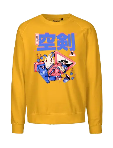 Katze im freien Fall - Ramen und Bedauern, Trashcore, Cyberpunk-Katze bunt, Katzenabstammung, freier Fall, lustiger Katzencartoon, Katana-Katze, Kawaii-Dystopie, Neo Tokyo, lila - Fairtrade Sweatshirt