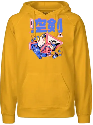 Katze im freien Fall - Ramen und Bedauern, Trashcore, Cyberpunk-Katze bunt, Katzenabstammung, freier Fall, lustiger Katzencartoon, Katana-Katze, Kawaii-Dystopie, Neo Tokyo, lila - Fairtrade Hoodie