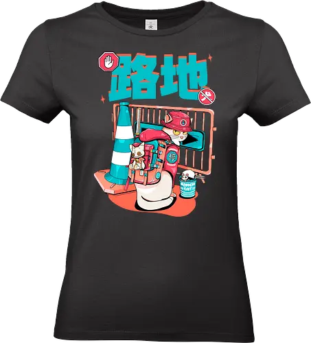 Cyberpunk-Straßenkatze beim Ramen-Essen - Alley Neko, Blade Punk, Cyberpunk-Straßenkatze, Spaß, Katzenkatana, Kawaii-Chaos, weiße Kätzchenkatze, Ramen Core, Straßenkatze, Stadtkatze - Standard T-Shirt (Women)