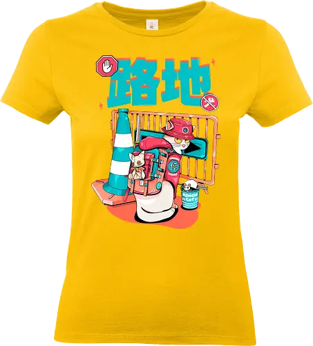 Cyberpunk-Straßenkatze beim Ramen-Essen - Alley Neko, Blade Punk, Cyberpunk-Straßenkatze, Spaß, Katzenkatana, Kawaii-Chaos, weiße Kätzchenkatze, Ramen Core, Straßenkatze, Stadtkatze - Standard T-Shirt (Women)