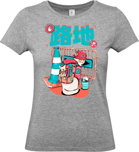 Cyberpunk-Straßenkatze beim Ramen-Essen - Alley Neko, Blade Punk, Cyberpunk-Straßenkatze, Spaß, Katzenkatana, Kawaii-Chaos, weiße Kätzchenkatze, Ramen Core, Straßenkatze, Stadtkatze - Standard T-Shirt (Women)