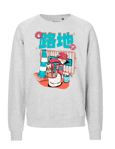 Cyberpunk-Straßenkatze beim Ramen-Essen - Alley Neko, Blade Punk, Cyberpunk-Straßenkatze, Spaß, Katzenkatana, Kawaii-Chaos, weiße Kätzchenkatze, Ramen Core, Straßenkatze, Stadtkatze - Fairtrade Sweatshirt