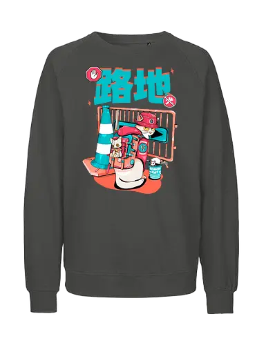 Cyberpunk-Straßenkatze beim Ramen-Essen - Alley Neko, Blade Punk, Cyberpunk-Straßenkatze, Spaß, Katzenkatana, Kawaii-Chaos, weiße Kätzchenkatze, Ramen Core, Straßenkatze, Stadtkatze - Fairtrade Sweatshirt