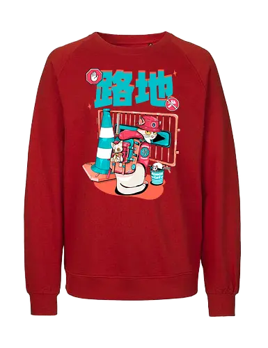 Cyberpunk-Straßenkatze beim Ramen-Essen - Alley Neko, Blade Punk, Cyberpunk-Straßenkatze, Spaß, Katzenkatana, Kawaii-Chaos, weiße Kätzchenkatze, Ramen Core, Straßenkatze, Stadtkatze - Fairtrade Sweatshirt