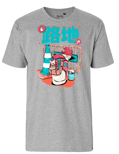 Cyberpunk-Straßenkatze beim Ramen-Essen - Alley Neko, Blade Punk, Cyberpunk-Straßenkatze, Spaß, Katzenkatana, Kawaii-Chaos, weiße Kätzchenkatze, Ramen Core, Straßenkatze, Stadtkatze - Fairtrade T-Shirt