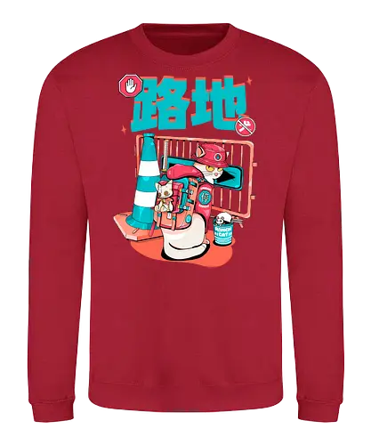 Cyberpunk-Straßenkatze beim Ramen-Essen - Alley Neko, Blade Punk, Cyberpunk-Straßenkatze, Spaß, Katzenkatana, Kawaii-Chaos, weiße Kätzchenkatze, Ramen Core, Straßenkatze, Stadtkatze - Sweatshirt