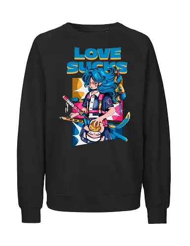 Love Sucks – Cyberpunk Anti-Valentine - Anti-Valentinstag, verknallt, süß und tödlich, Cybergirl, Cyberpunk-Valentinstag, Kawaii-Liebe, Robotermädchen, Valentinstags-Terror - Fairtrade Sweatshirt