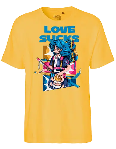 Love Sucks – Cyberpunk Anti-Valentine - Anti-Valentinstag, verknallt, süß und tödlich, Cybergirl, Cyberpunk-Valentinstag, Kawaii-Liebe, Robotermädchen, Valentinstags-Terror - Fairtrade T-Shirt