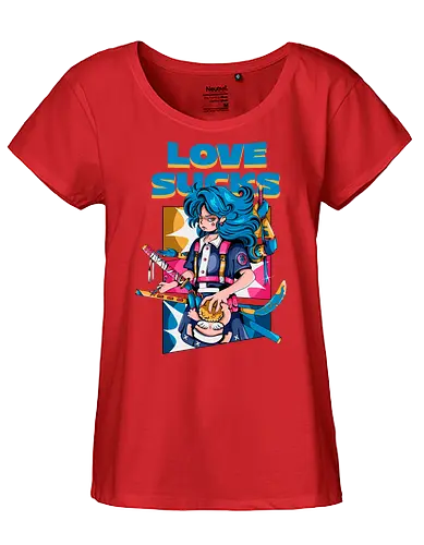 Love Sucks – Cyberpunk Anti-Valentine - Anti-Valentinstag, verknallt, süß und tödlich, Cybergirl, Cyberpunk-Valentinstag, Kawaii-Liebe, Robotermädchen, Valentinstags-Terror - Fairtrade Girl Shirt