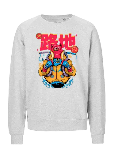 Wütendes rotes Schwein mit Katana - Tierrebellion, Anime-Tier, Anthro-Samurai, Cyberpunk-Schwein, kantiges Kawaii, Glitchcore-Tier, Katana-Schwein, rotes Schwein, Samurai-Schwein, Urban Core - Fairtrade Sweatshirt