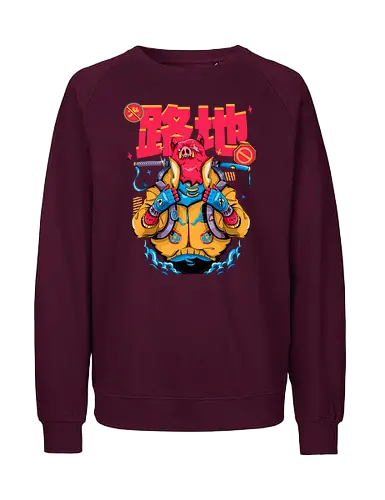 Wütendes rotes Schwein mit Katana - Tierrebellion, Anime-Tier, Anthro-Samurai, Cyberpunk-Schwein, kantiges Kawaii, Glitchcore-Tier, Katana-Schwein, rotes Schwein, Samurai-Schwein, Urban Core - Fairtrade Sweatshirt