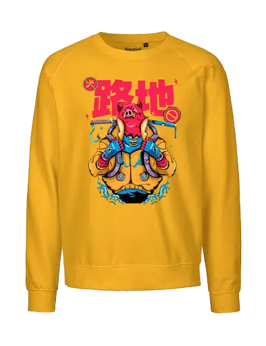 Wütendes rotes Schwein mit Katana - Tierrebellion, Anime-Tier, Anthro-Samurai, Cyberpunk-Schwein, kantiges Kawaii, Glitchcore-Tier, Katana-Schwein, rotes Schwein, Samurai-Schwein, Urban Core - Fairtrade Sweatshirt