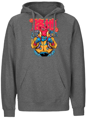 Wütendes rotes Schwein mit Katana - Tierrebellion, Anime-Tier, Anthro-Samurai, Cyberpunk-Schwein, kantiges Kawaii, Glitchcore-Tier, Katana-Schwein, rotes Schwein, Samurai-Schwein, Urban Core - Fairtrade Hoodie