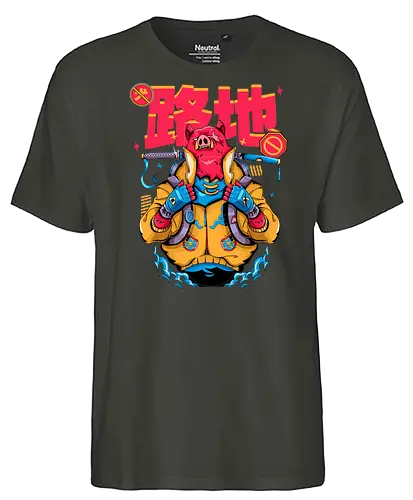 Wütendes rotes Schwein mit Katana - Tierrebellion, Anime-Tier, Anthro-Samurai, Cyberpunk-Schwein, kantiges Kawaii, Glitchcore-Tier, Katana-Schwein, rotes Schwein, Samurai-Schwein, Urban Core - Fairtrade T-Shirt