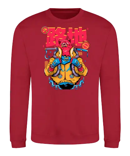 Wütendes rotes Schwein mit Katana - Tierrebellion, Anime-Tier, Anthro-Samurai, Cyberpunk-Schwein, kantiges Kawaii, Glitchcore-Tier, Katana-Schwein, rotes Schwein, Samurai-Schwein, Urban Core - Sweatshirt