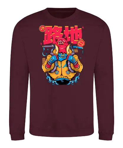 Wütendes rotes Schwein mit Katana - Tierrebellion, Anime-Tier, Anthro-Samurai, Cyberpunk-Schwein, kantiges Kawaii, Glitchcore-Tier, Katana-Schwein, rotes Schwein, Samurai-Schwein, Urban Core - Sweatshirt