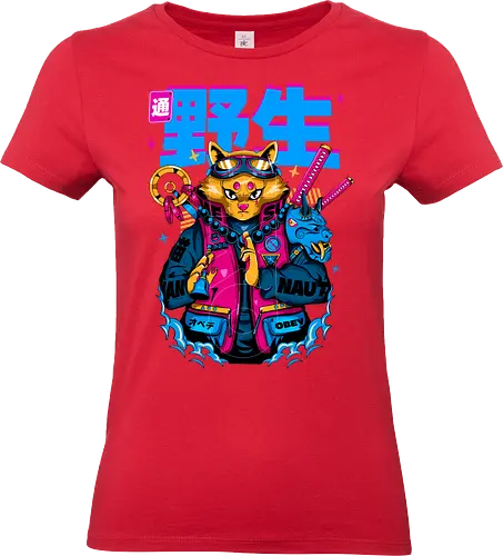 Samurai-Cyberpunk-Katze - ästhetische Katze, Anime-Samurai-Katze, Cyberpunk-Katze, dunkles Kawaii, Kawaii-Krieger, Neon City Blues, urbaner Samurai, Katze, Cyber ​​Neko, Yokai-Maske - Standard T-Shirt (Women)