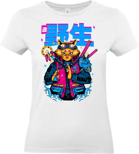 Samurai-Cyberpunk-Katze - ästhetische Katze, Anime-Samurai-Katze, Cyberpunk-Katze, dunkles Kawaii, Kawaii-Krieger, Neon City Blues, urbaner Samurai, Katze, Cyber ​​Neko, Yokai-Maske - Standard T-Shirt (Women)
