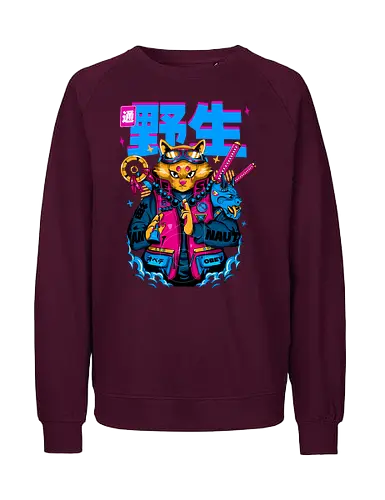 Samurai-Cyberpunk-Katze - ästhetische Katze, Anime-Samurai-Katze, Cyberpunk-Katze, dunkles Kawaii, Kawaii-Krieger, Neon City Blues, urbaner Samurai, Katze, Cyber ​​Neko, Yokai-Maske - Fairtrade Sweatshirt