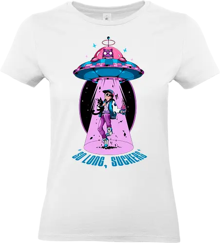 Auf Wiedersehen - Entführung, Alien-Katze, schwarzer Humor, lustiges UFO, intergalaktisches Haustier, Miau aus dem All, Meowcore, Retroscifi, Mach's gut, UFO-Katze - Standard T-Shirt (Women)