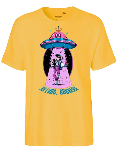 Auf Wiedersehen - Entführung, Alien-Katze, schwarzer Humor, lustiges UFO, intergalaktisches Haustier, Miau aus dem All, Meowcore, Retroscifi, Mach's gut, UFO-Katze - Fairtrade T-Shirt