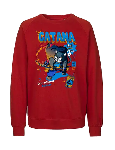Catana - Katze, Katze mit Schwert, Catana, Dämonentöter, Katzenkrieger, Hölle, Hellcat-Stil, höllischer Kampf, Katana-Katze, Kawaii-Rache, Samurai, Samurai-Katze - Fairtrade Sweatshirt