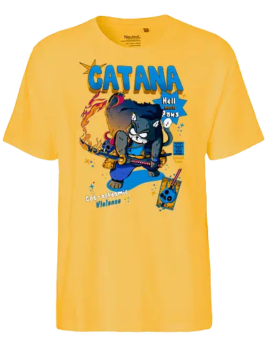 Catana - Katze, Katze mit Schwert, Catana, Dämonentöter, Katzenkrieger, Hölle, Hellcat-Stil, höllischer Kampf, Katana-Katze, Kawaii-Rache, Samurai, Samurai-Katze - Fairtrade T-Shirt