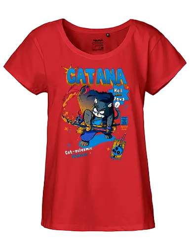 Catana - Katze, Katze mit Schwert, Catana, Dämonentöter, Katzenkrieger, Hölle, Hellcat-Stil, höllischer Kampf, Katana-Katze, Kawaii-Rache, Samurai, Samurai-Katze - Fairtrade Girl Shirt