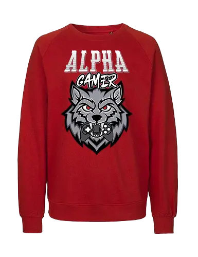 Alpha Gamer - wolf, gaming, alpha, gamer, controller, red eyes, typography, logo, design, fierce - Fairtrade Sweatshirt