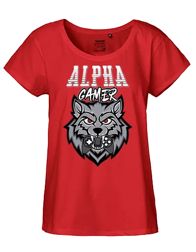 Alpha Gamer - wolf, gaming, alpha, gamer, controller, red eyes, typography, logo, design, fierce - Fairtrade Girl Shirt