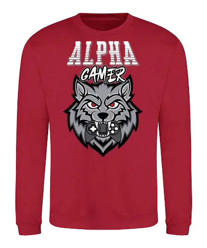 Alpha Gamer - wolf, gaming, alpha, gamer, controller, red eyes, typography, logo, design, fierce - Sweatshirt