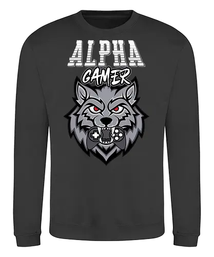 Alpha Gamer - wolf, gaming, alpha, gamer, controller, red eyes, typography, logo, design, fierce - Sweatshirt