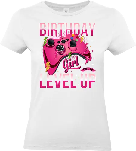 Birthday Girl Level Up - birthday, girl, level up, gaming, controller, pink, maroon, lightning bolts, stars, fun - Standard T-Shirt (Women)