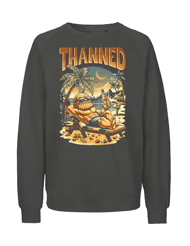 Thanned - vacation, sunshine, summertime, surfing, summer vibes, ice cream, sunset, sun, comic, funny, chibi, humor, parody, beach, superhero, infinity stones, Superhero, Antihero, Comic, tropical, cartoon, retro, vintage, Thanos, avenger - Fairtrade Sweatshirt