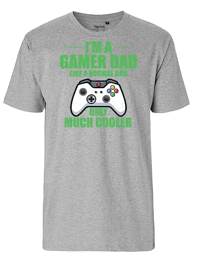 I'M A GAMER DAD LIKE A NORMAL DAD ONLY MUCH COOLER - gamer dad, video game, controller, humor, text, green background, cool dad, gaming, playful design, father's day - Fairtrade T-Shirt