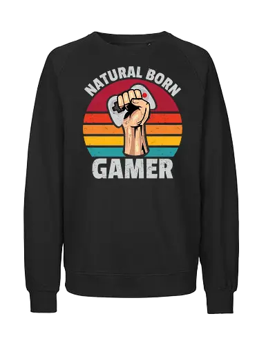 Natural Born Gamer - gaming, controller, stripes, fist, graphic, design, typography, retro, gamer, colorful - Fairtrade Sweatshirt