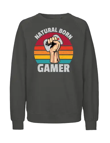 Natural Born Gamer - gaming, controller, stripes, fist, graphic, design, typography, retro, gamer, colorful - Fairtrade Sweatshirt
