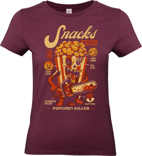 Snacks Attack - Popcorn Killer - 80s movies, aesthetic, comic, cool, food, funny, funny snacks gift, funny tee, horror, horror movies, illustration, kaiju, monster, movies, popcorn, slasher, snacks, x-ray, lm2kone - Standard T-Shirt (Women)