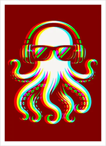 Disco Octopus Musik RGB - Ästhetik, Cool, Cooler Sommer, Disco, Lustig, Lustiges T-Shirt, Illustration, Musik, Oktopus, RGB, RGB-Glitch, RGB-Split, Sommer, Sommerstimmung, lm2kone - Artprint