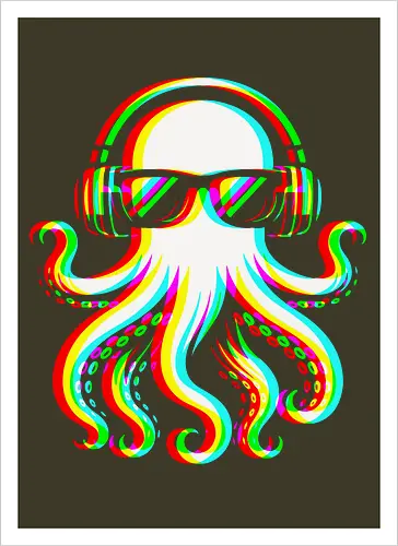 Disco Octopus Musik RGB - Ästhetik, Cool, Cooler Sommer, Disco, Lustig, Lustiges T-Shirt, Illustration, Musik, Oktopus, RGB, RGB-Glitch, RGB-Split, Sommer, Sommerstimmung, lm2kone - Artprint