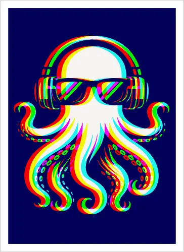 Disco Octopus Musik RGB - Ästhetik, Cool, Cooler Sommer, Disco, Lustig, Lustiges T-Shirt, Illustration, Musik, Oktopus, RGB, RGB-Glitch, RGB-Split, Sommer, Sommerstimmung, lm2kone - Artprint