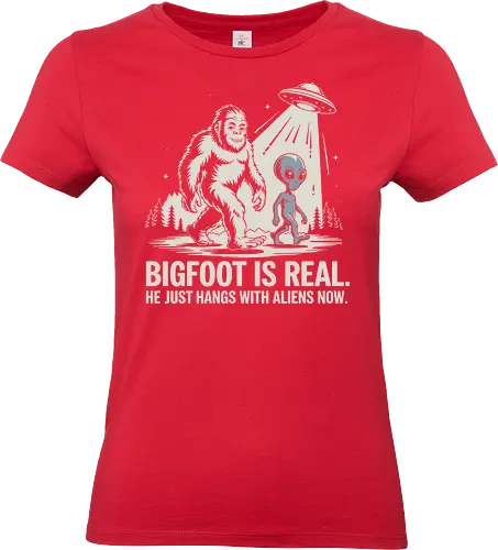 Bigfoot is real. He just hangs with aliens now - bigfoot, alien, ufo, humor, forest, illustration, conspiracy, friendship, light beam, extraterrestrial - Standard T-Shirt (Women)