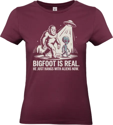 Bigfoot is real. He just hangs with aliens now - bigfoot, alien, ufo, humor, forest, illustration, conspiracy, friendship, light beam, extraterrestrial - Standard T-Shirt (Women)