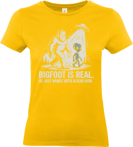 Bigfoot is real. He just hangs with aliens now - bigfoot, alien, ufo, humor, forest, illustration, conspiracy, friendship, light beam, extraterrestrial - Standard T-Shirt (Women)
